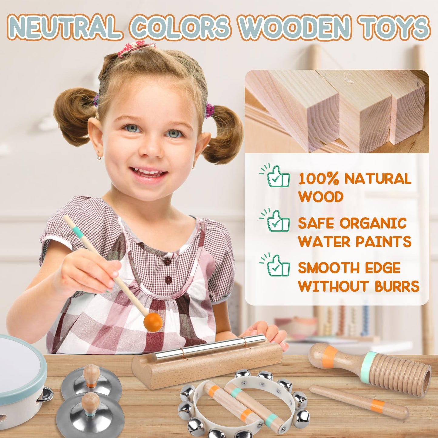Baby Musical Instruments - Montessori Musical Toys for Toddlers 1-3, Wooden Percussion Instruments Set, Kids Preschool Educational Music Learning Toys, Birthday Gifts for Boys Girls (Neutral)