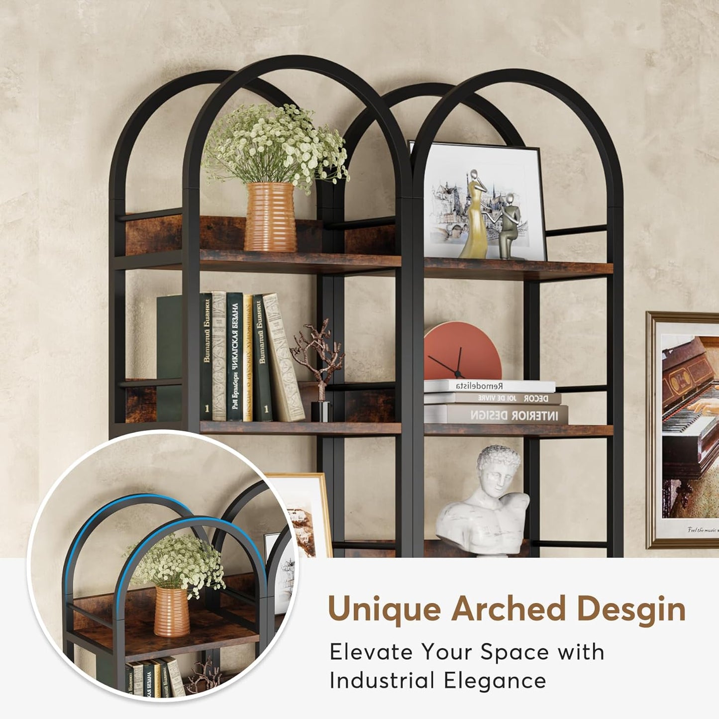 LITTLE TREE 78.7 Inches Tall Arched Bookshelf, 6 Tiers Skinny Open Bookcase with Metal Frame, Freestanding Corner Display Shelves Rack for Living Room, Home Office, Brown