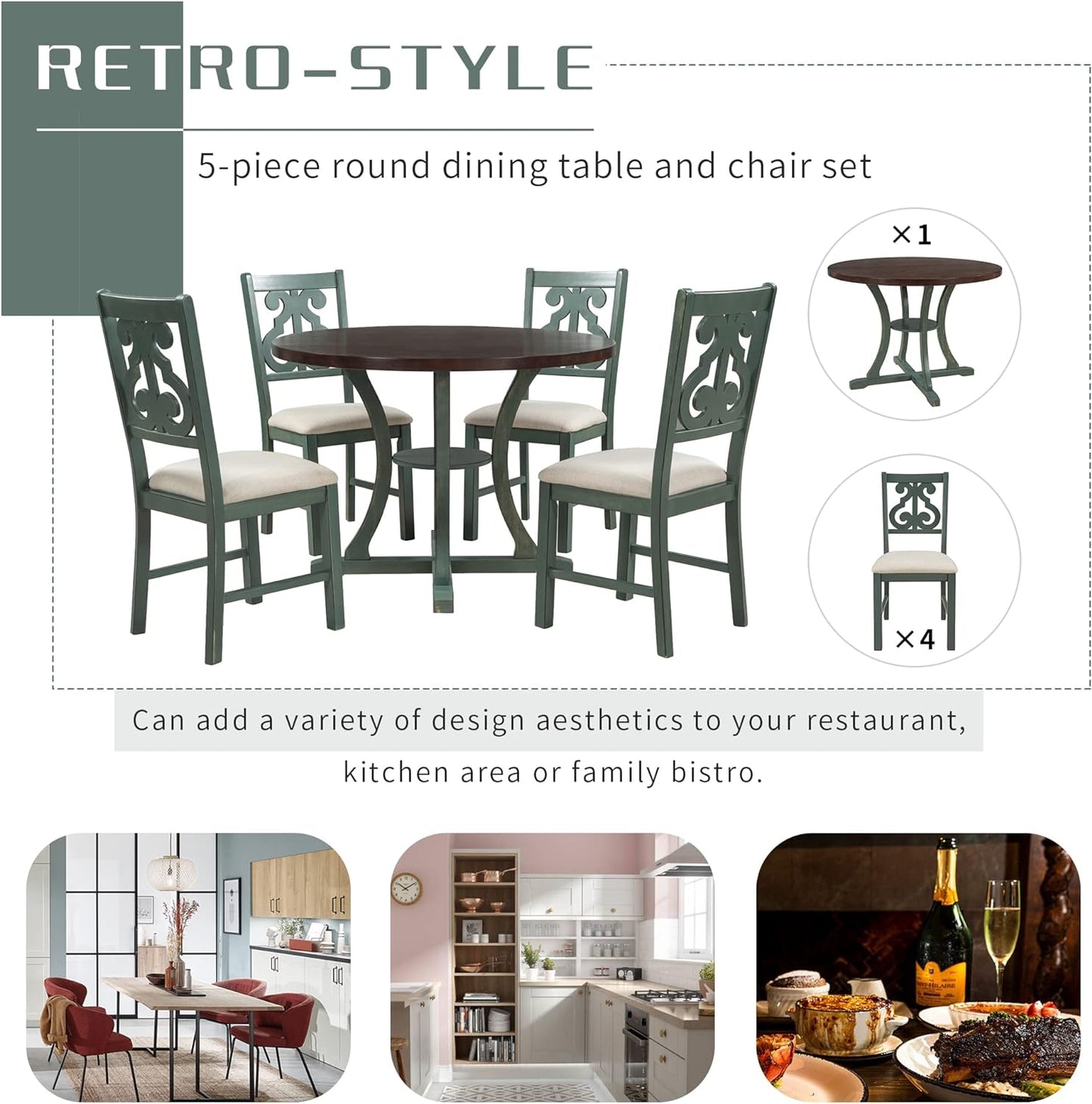 5-Piece Round Dining Table with Special-Shaped Table Legs and Storage Shelf,4 Fabric Chairs W/Cushioned Seat,for Dining Room Living Room,Antique Blue/Dark Brown