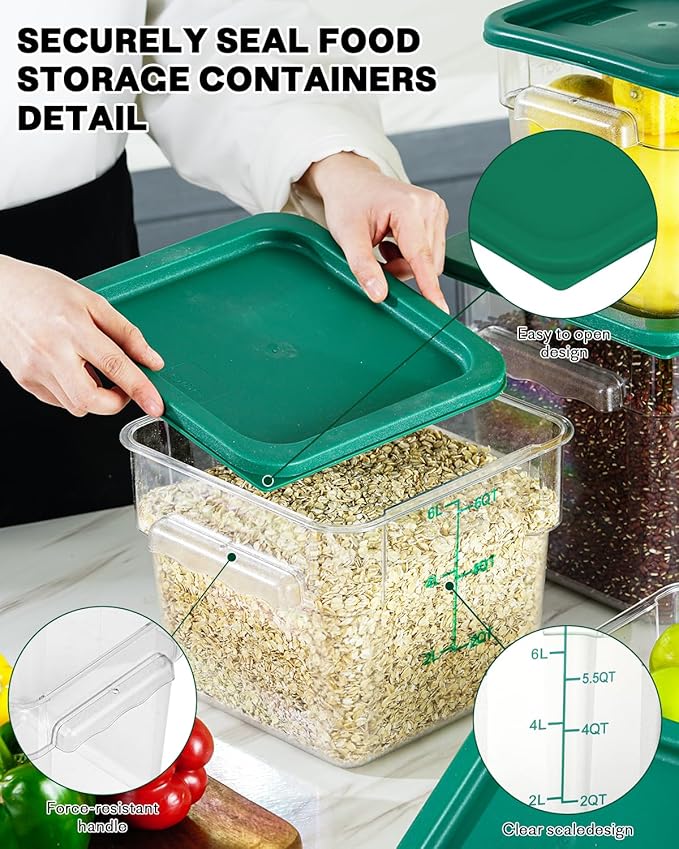 12QT NSF Food Storage Containers with Lids: 4 PCS [Total Food Grade][Hot&Cold Resistant] Commercial Clear Food Storage Containers for Restaurant Kitchen Proof Dough, Measuring Spoons Included(Green)