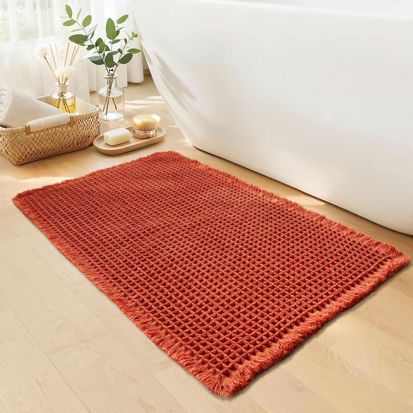 Waffle Bath Mat - Boho Bathroom Rugs Non Slip Washable, Super Absorbent & Quick Dry, Soft Bath Mat Farmhouse Bathroom Decor, 20'' x 32'', Dirty Orange