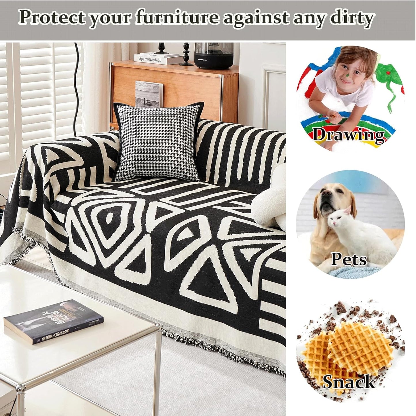 VM VOUGEMARKET Geometric Couch Cover for 3 Cushion Boho Chenille Sofa Cover Dog Proof Universal Sofa Slipcover L Shaped Furniture Cover with Tassels Sectional Couch Cover-71 x 134,Black