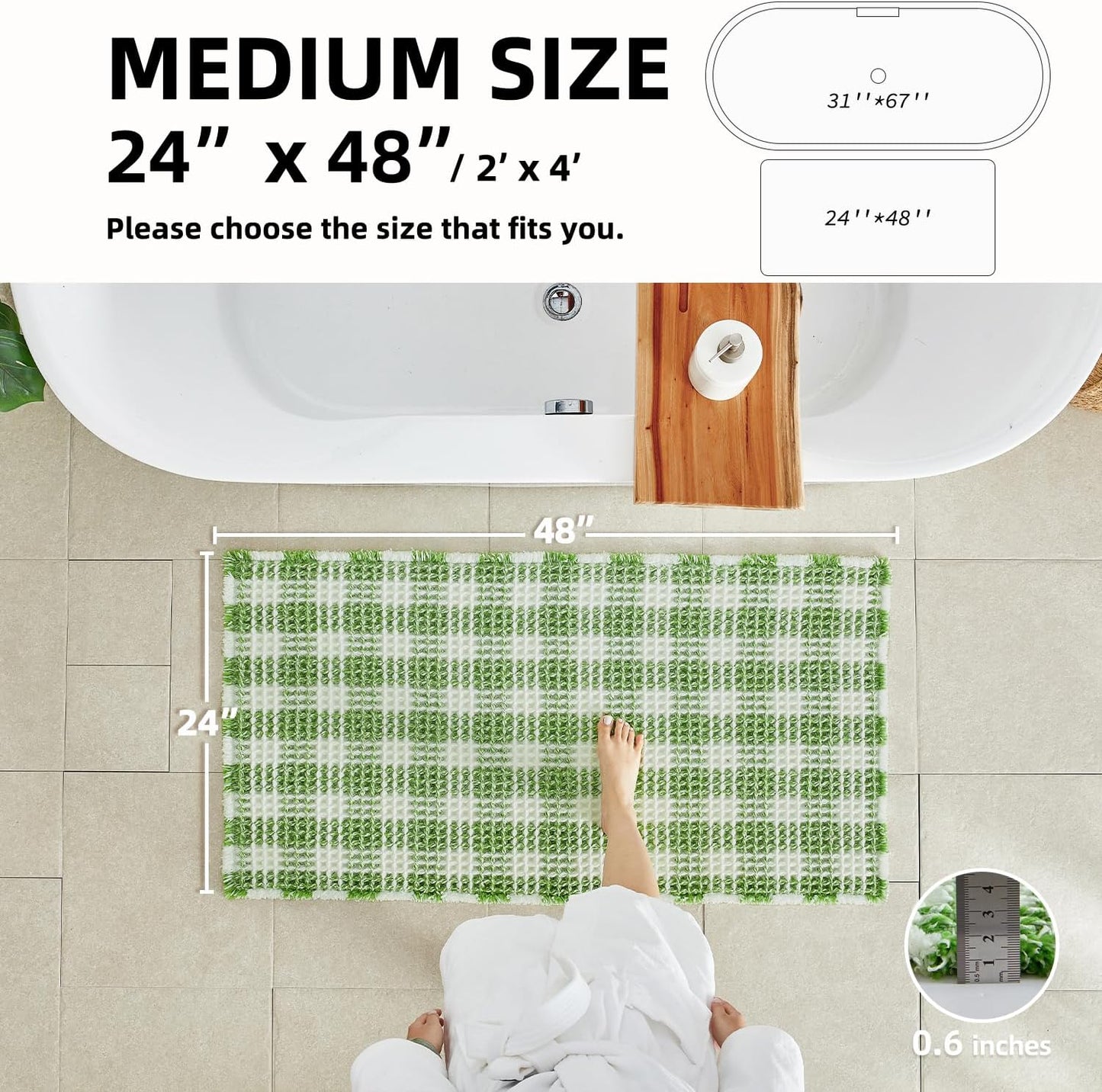 Waffle Bath Mat, Boho Bathroom Rugs Non Slip Washable Absorbent Checkered Bathroom Mat Quick Dry Cute Bath Mat, 48"x24" Green and White