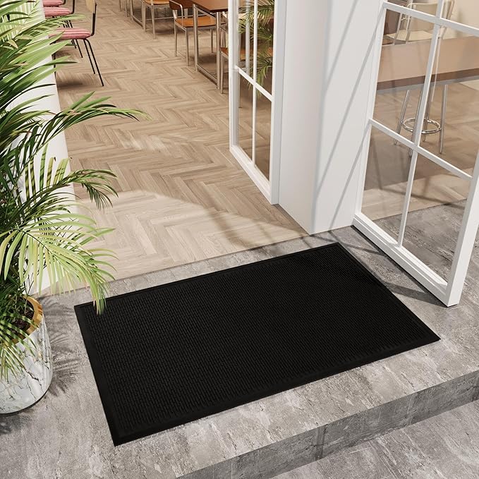 Sweet Home Stores Indoor/Outdoor Rug Ribbed Waterproof Design Multi-Purpose Rubber Mat, Perfect for Kitchens, Entryways, Living Rooms, Office, 3' x 5', Black