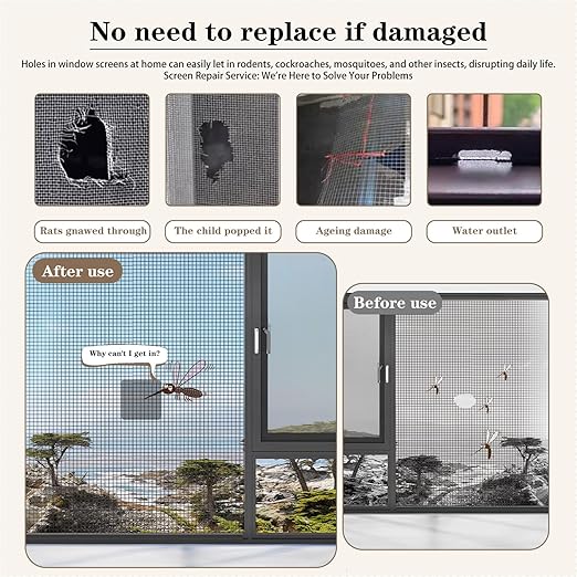 16 Sheets Window Screen Patches Repair Kit Black 4 Sizes Window Screen Repair Kit for Mesh Screen Door High-Strength Adhesive Fiberglass Quick Screen Repair Tape