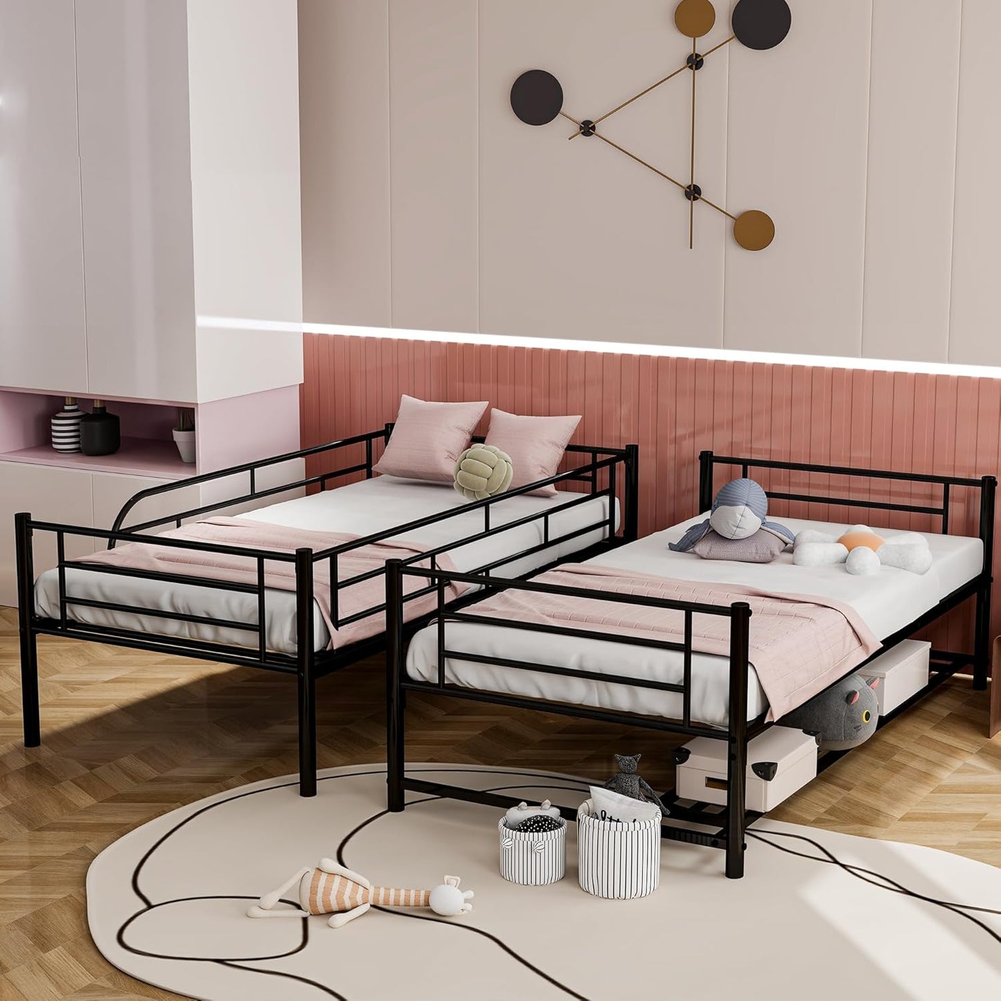 Twin Over Twin Metal Bunk Bed with Shelf and Guardrails, Heavy-Duty Steel Bed Frame,Built-in Ladder,Can Be Divided into 2 Separate Beds,for Kids Teens Adults,Black