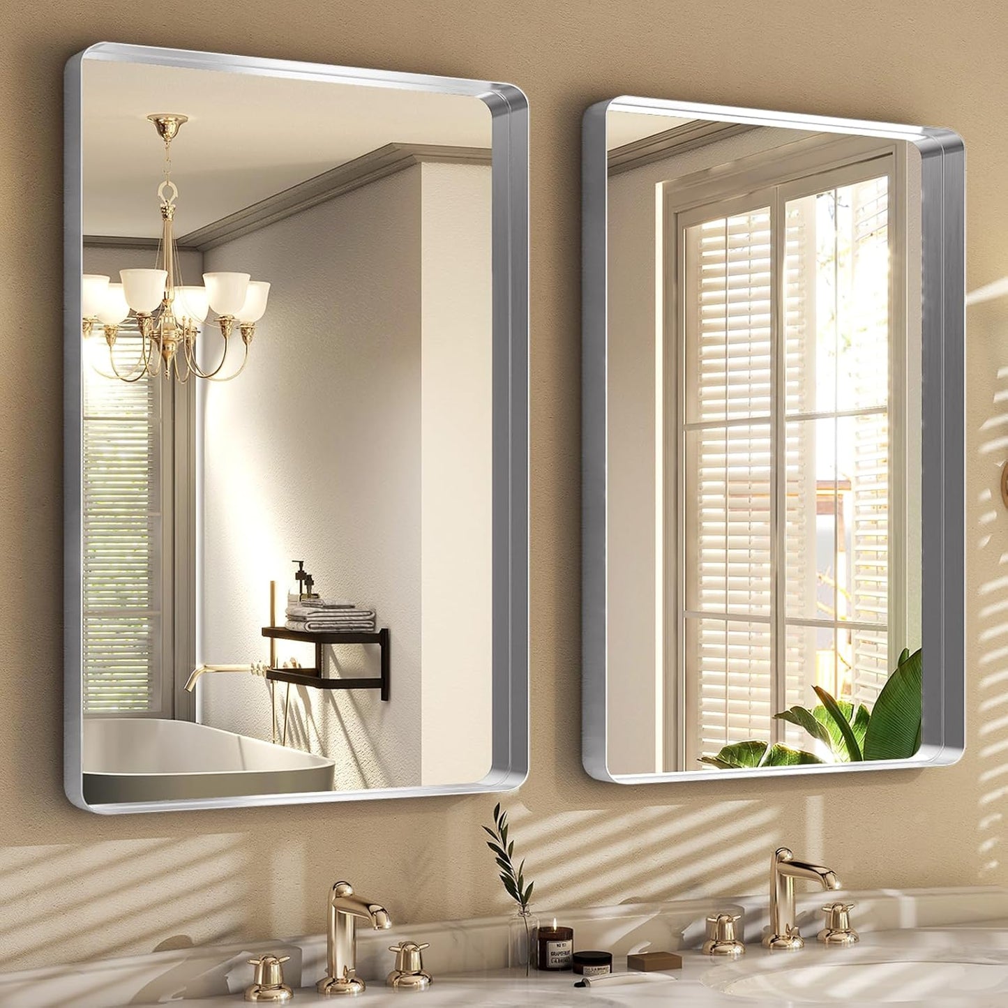 Silver Bathroom Mirror for Wall, 36x24 Inch Rectangular Aluminum Alloy Framed Mirror, Modern Wall Mounted Vanity Mirror for Bathroom, Vertical or Horizontal