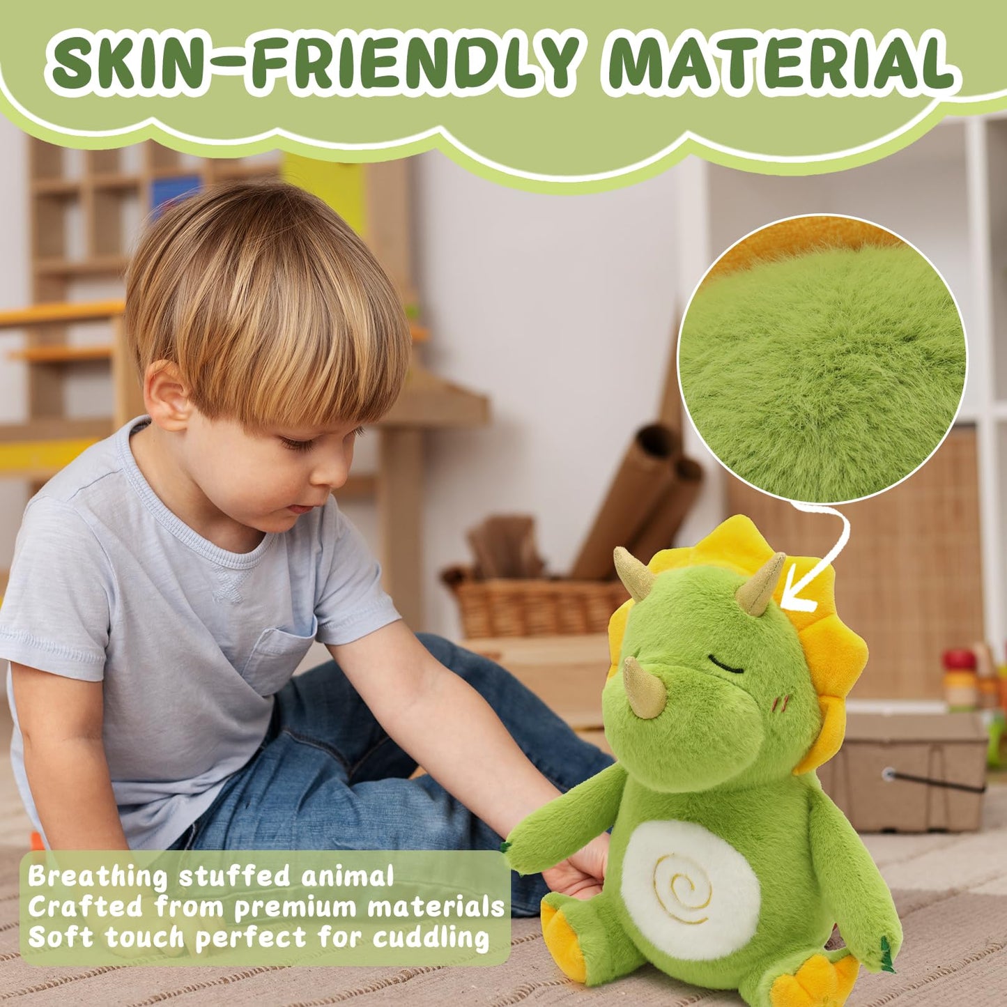 Breathing Dinosaur Plush Toys with Light and Sound, Triceratops Dinosaur Stuffed Animal, Adjustable Singing Night Light, Green Dino Plush Toy Gift for Kids, 11.8 inch
