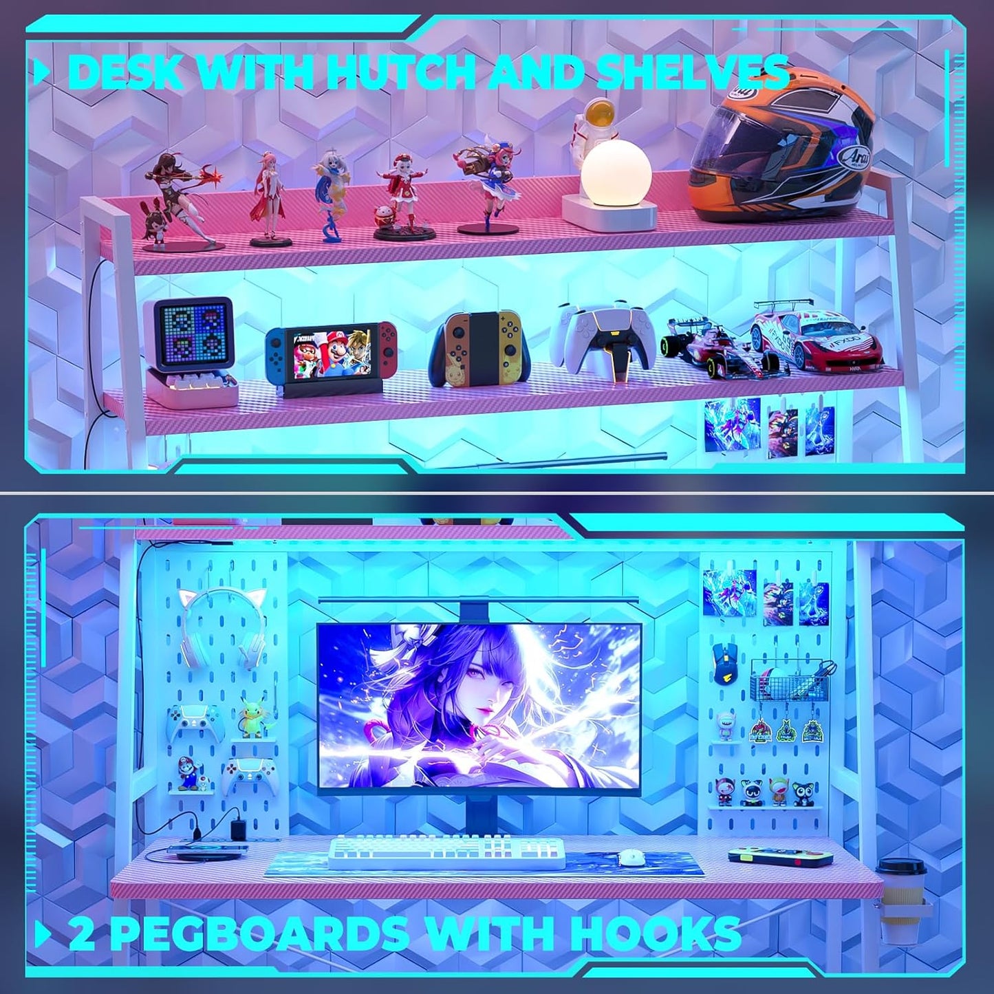 Small Gaming Desk with Hutch and LED Lights, Gaming Computer Desk with Power Outlets, Gamer Desk with Storage Shelves, Game Desks with Pegboards for Bedroom Small Spaces, Pink, 43"