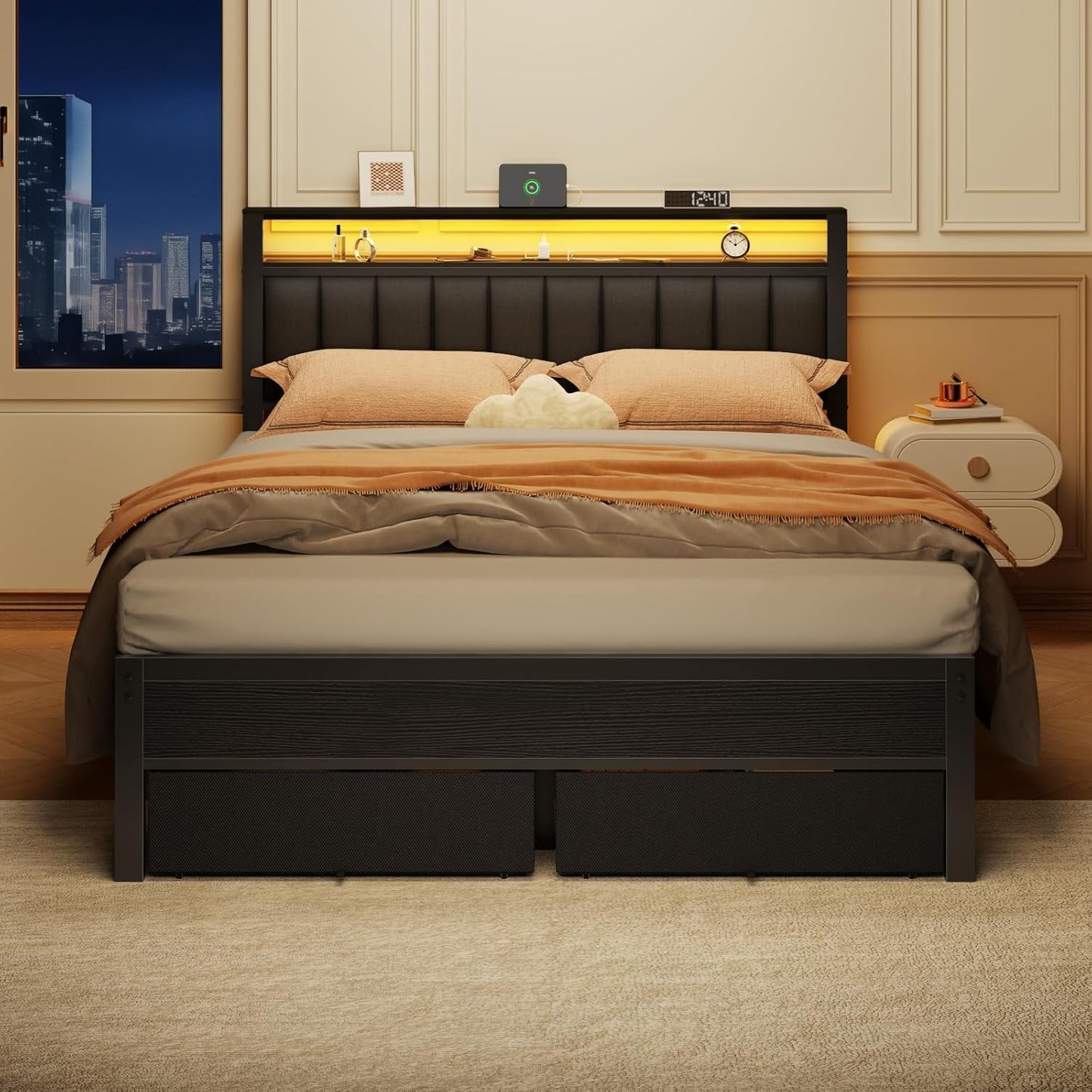 Furnulem Queen Bed Frame with Charging Station and LED Lights, Grey Upholstered Headboard with Shelves, Metal Platform Bed with 2 Under-Bed Storage (Fabric Drawer on Wheels), No Box Spring Needed