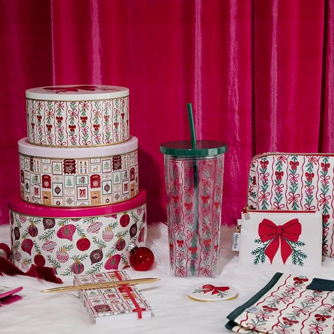 Martha Stewart Metal Cookie Tins, 3-Piece Nesting Set, Small, Medium & Large, Christmas Containers for Gift & Storage (Ornaments and Bows)