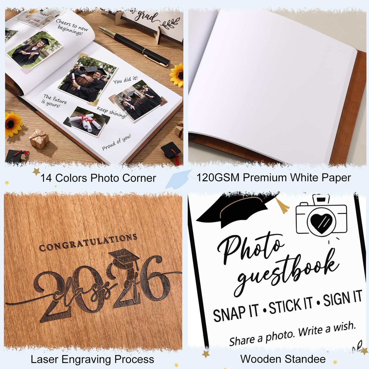 Thenshop 2026 Graduation Guest Book Set, Wooden Photo Album Scrapbook 126 Pages, Guest Book Sign, Pen, 360 DIY Photo Corners for Class of 2026 Grad Party Decorations Favors Gifts (Natural Wood)