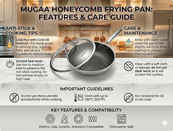 Stainless Steel Frying Pan Set, Sartenes de Acero Inoxidable 2-Piece Honeycomb Nonstick Skillets 10", 12" With Lids, Spatula, Oven & Induction Compatible, Dishwasher Safe Pan Set