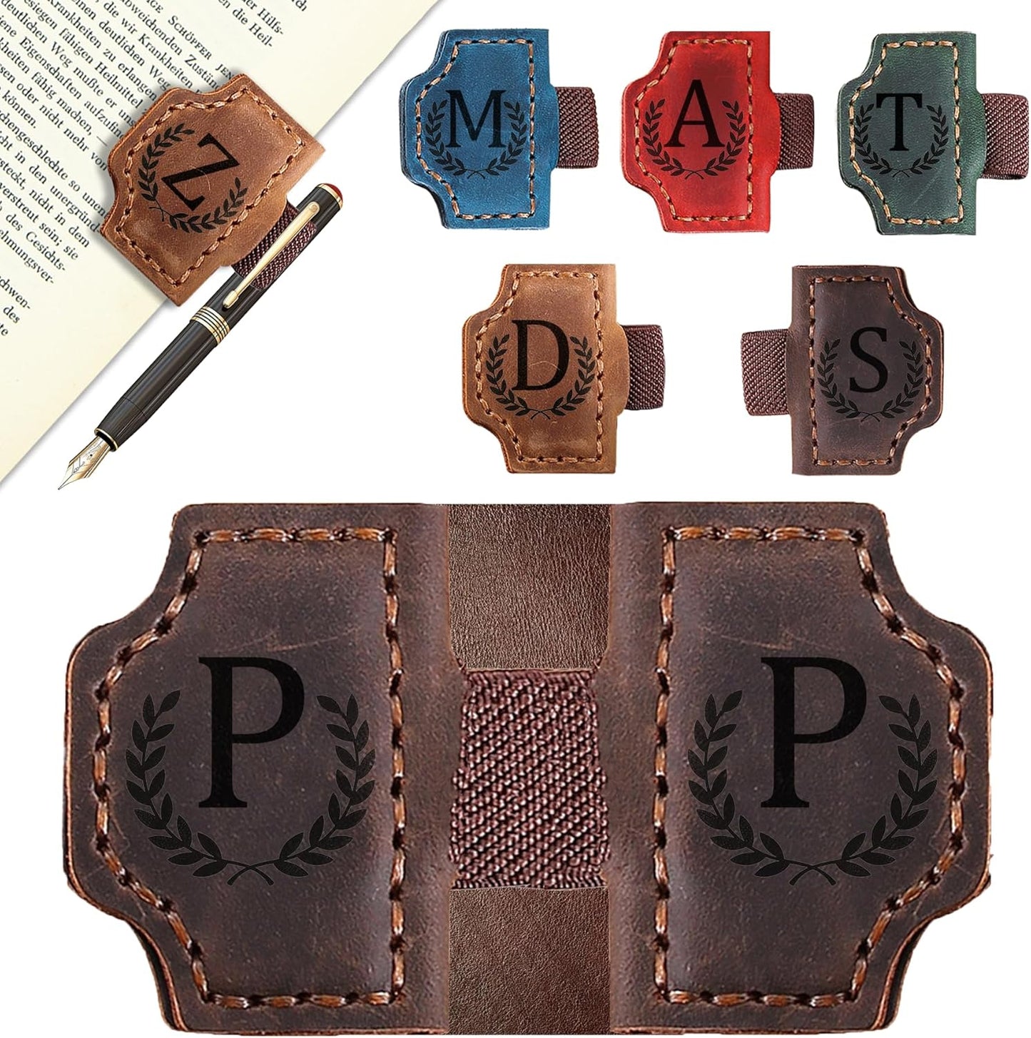Bygone Mark Bookmark with Pen Holder, 26 Letters Name Initial Personalized Magnetic Bookmarks, Leather Book Mark for Men Women, Travelers Accessories, Teachers Readers Book Lovers Gifts (Coffee, P)