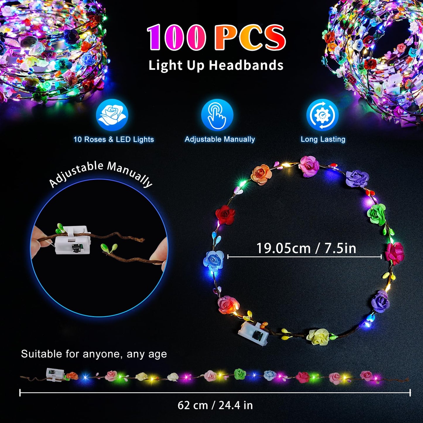HONLYNE 100 PCS LED Flower Crowns Headbands, Light Up Flower Crowns For Women, Glow in the Dark Headband for Wedding Reception Birthday Christmas Mardi Gras Cosplay Princess Party Favors