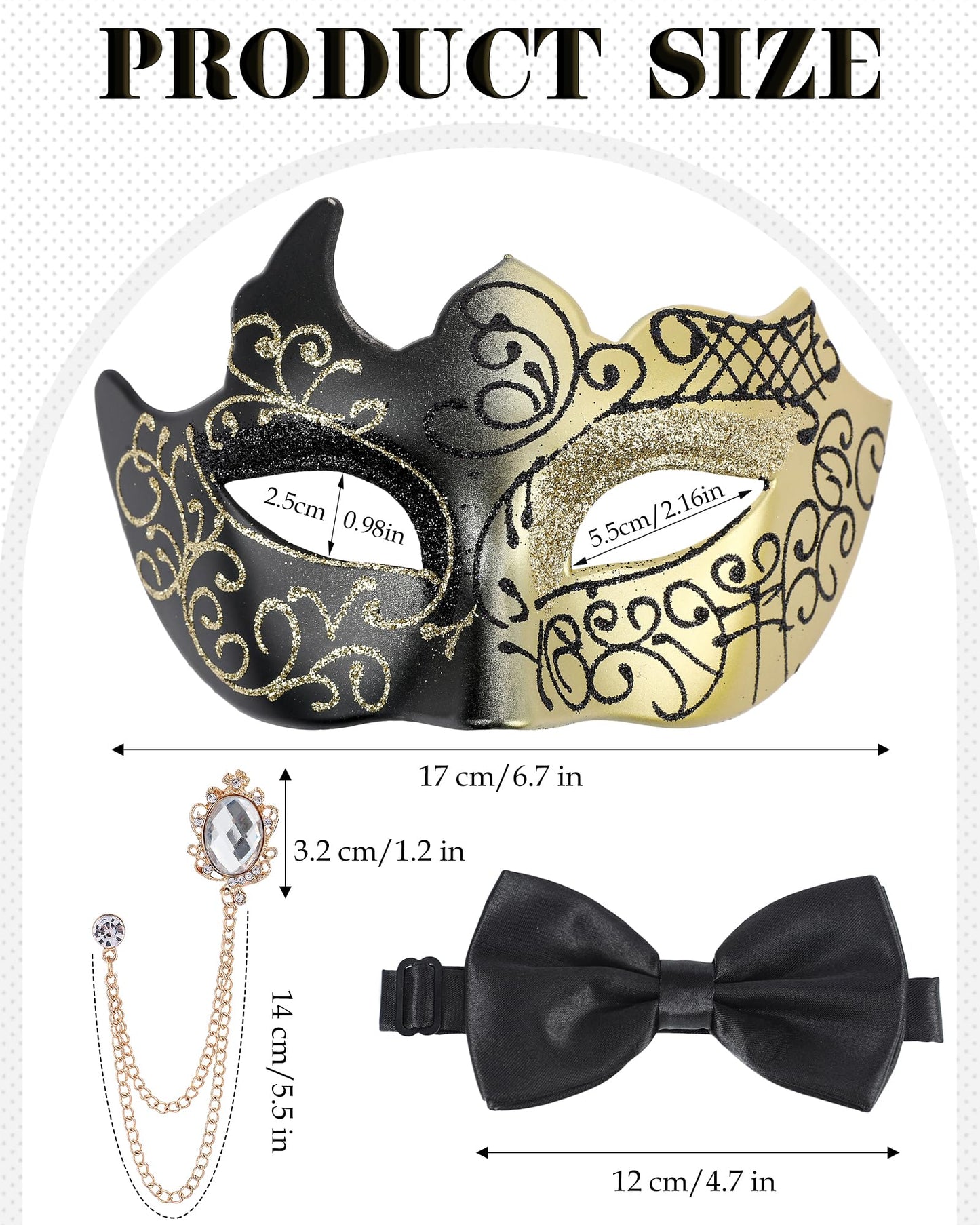 Zinniday 3 Pcs Masquerade Mask for Men, Black Gold Opera Venetian Mask Set with Rhinestone Brooch Bowtie, Opera Half Face Masks Kit for Man Halloween Prom Renaissance Carnival Party Accessory