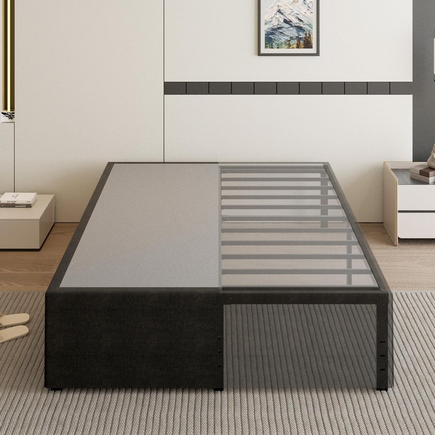 18 Inch King Size Bed Frame with Black Bed Cover, Metal King Size Platform Bed Frame No Box Spring Needed, Heavy Duty Mattress Foundation, Easy Assembly, Noise Free