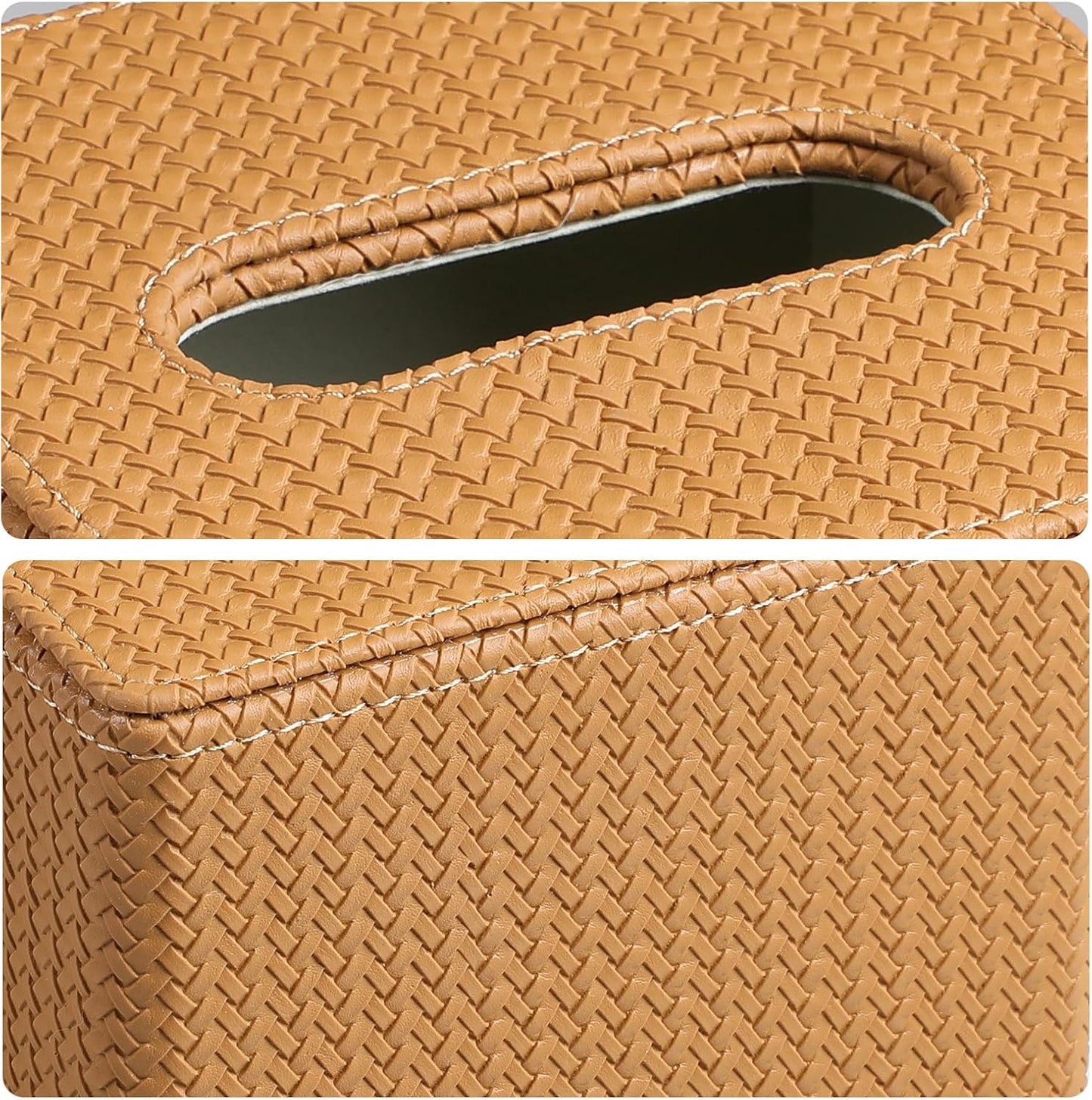 PU Leather Tissue Box Cover with Magnetic Closure, Modern Square Tissue Box Holder Decorative Organizer for Bathroom Vanity Countertop, Night Stands Bedroom Office Desk (Woven Camel)