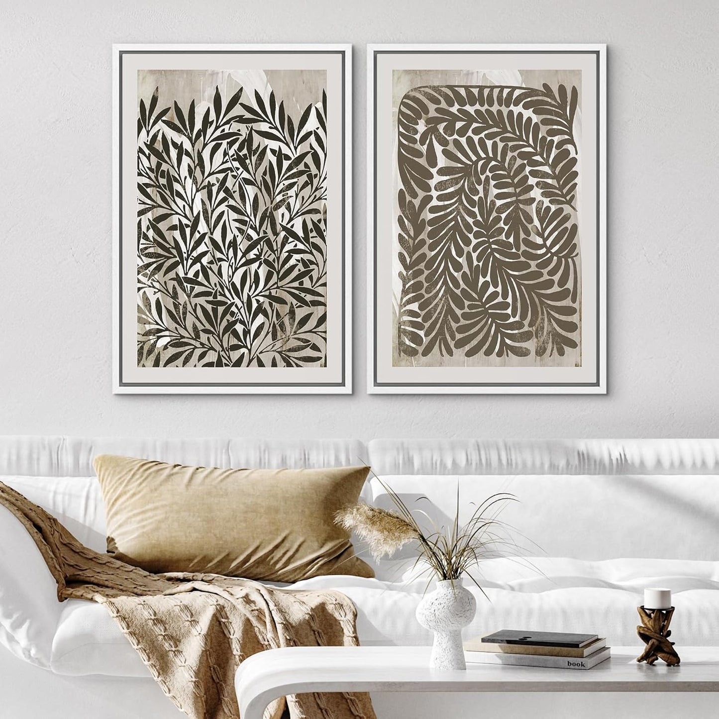 SIGNWIN Framed Canvas Print Wall Art Modern Botanical Abstract Black and Beige Leaf Illustrations Decorative for Living Room, Bedroom, Office - 24"x36"x2 White