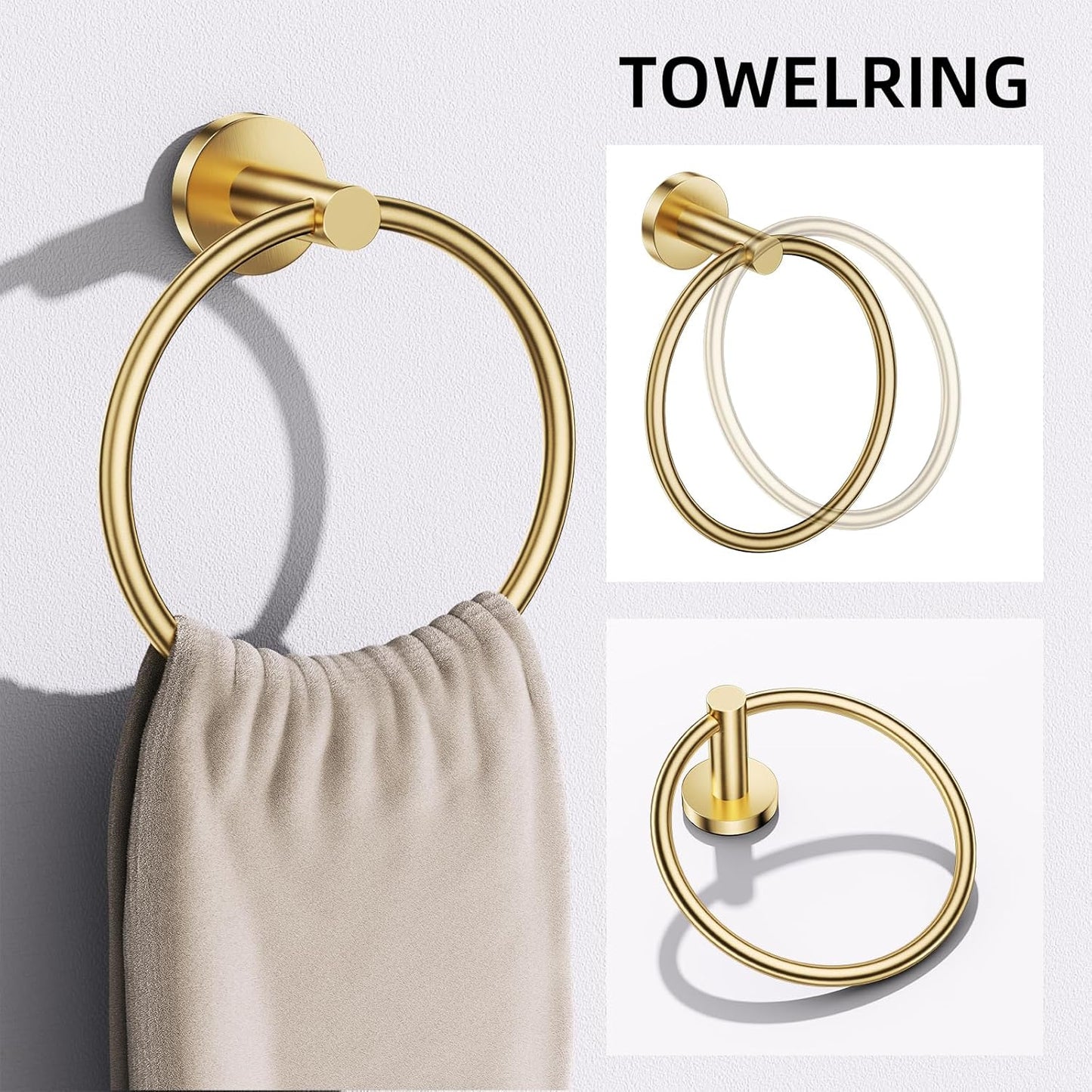 TURS Brushed Gold 5 Piece Bathroom Hardware Set, SUS304 Stainless Steel Bath Towel Bar Set, Bathroom Towel Rack Set Wall Mounted