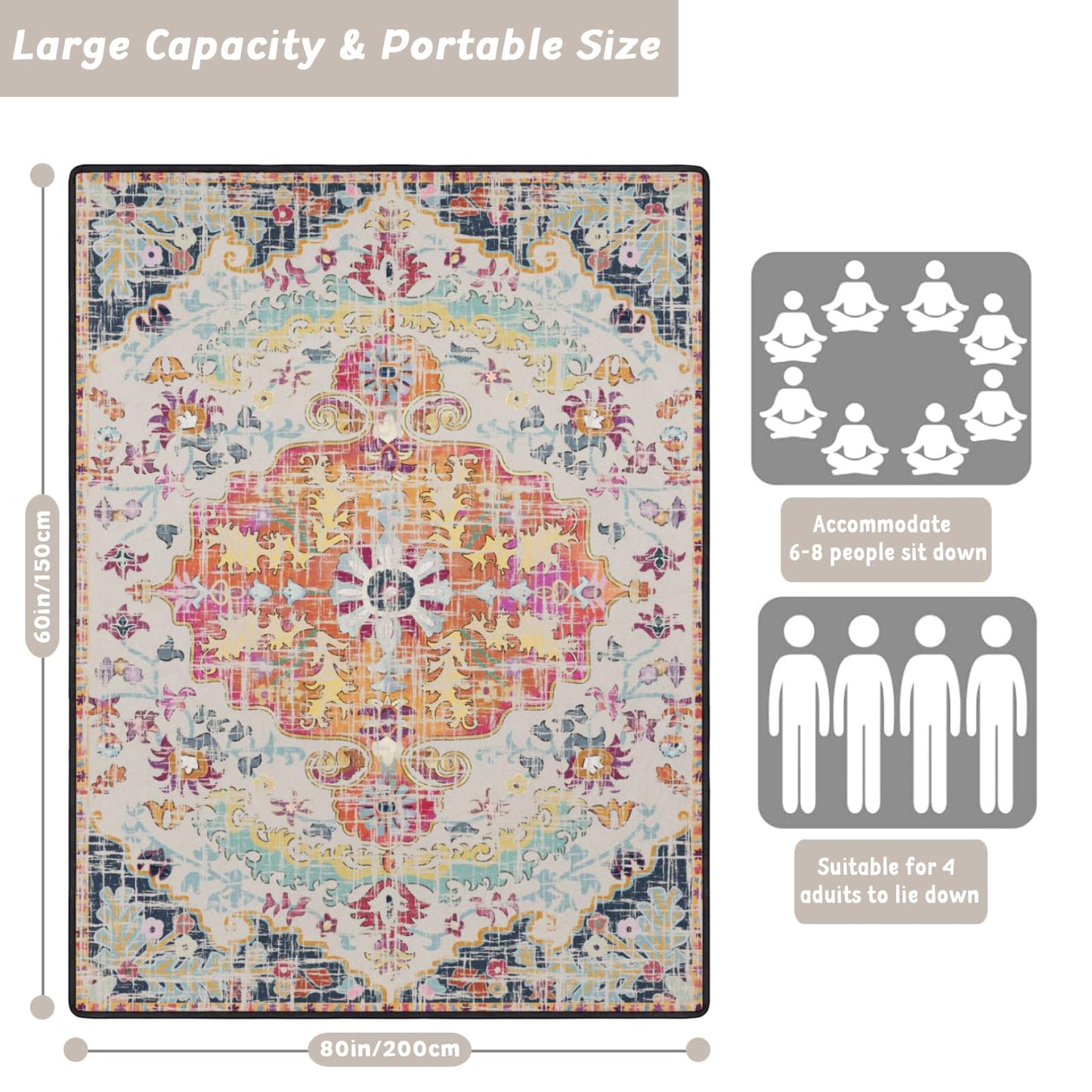 Wruzbxcn Picnic Blankets Waterproof Large, 80"x 60" Outdoor Beach Blanket Sandproof Foldable Lightweight Portable 3-Layer Camping Mat for Parks,Hiking,Travel,Music Festival,Concerts(Retro Boho)