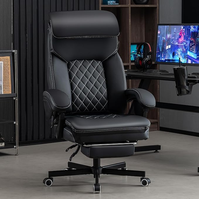 Big and Tall Gaming Chair 400lbs Heavy Duty Office Chair with Foot Rest & Lumbar Support, Ergonomic Wide Comfy Seated Cushion for for Gaming Room,Office Room, Black