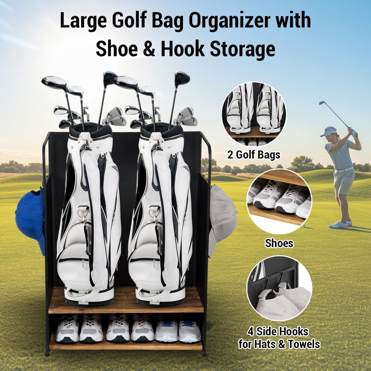 MyGift 2 Golf Bag Organizer with 2 Tier Burnt Wood Shelf for Shoes, Equipment and Hooks for Hat and Towels, Deluxe Matte Black Metal Golf Bag Storage Rack
