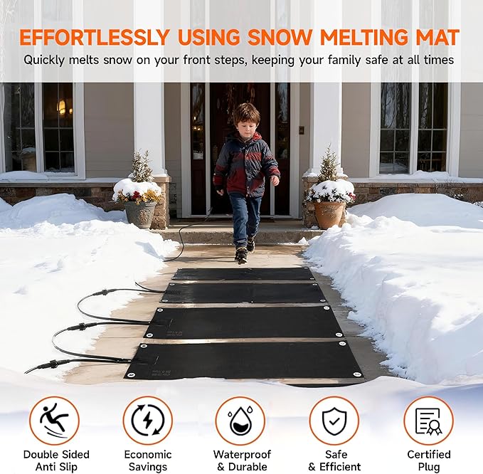 Snow Melting Mats Outdoor 10x30 Inch, Double No-Slip Rubber Heated Driveway Mats for Winter Snow Removal, 2 in/h Ice Melting Mats with Power Cord for Stairs, Walkways, Decks & Sidewalks,1PC