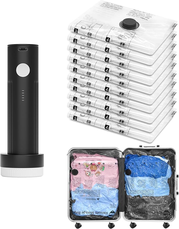SUOCO Travel Vacuum Bags with Portable Electric Pump, 10 Small Compression Packing Seal Cubes for Clothing Suitcase Luggage Organizer, Space Saver Clothes Storage Bags
