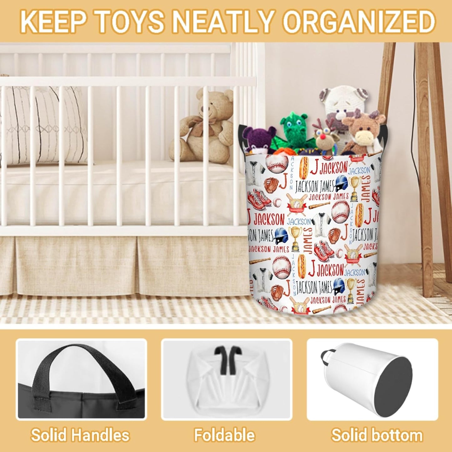 Personalized Baseball Laundry Basket, Custom Sports Laundry Hamper With Name Gifts For Kids Baby Adults, Collapsible Dirty Clothes Storage Organizer With Handles S 16.5 X 13.8in
