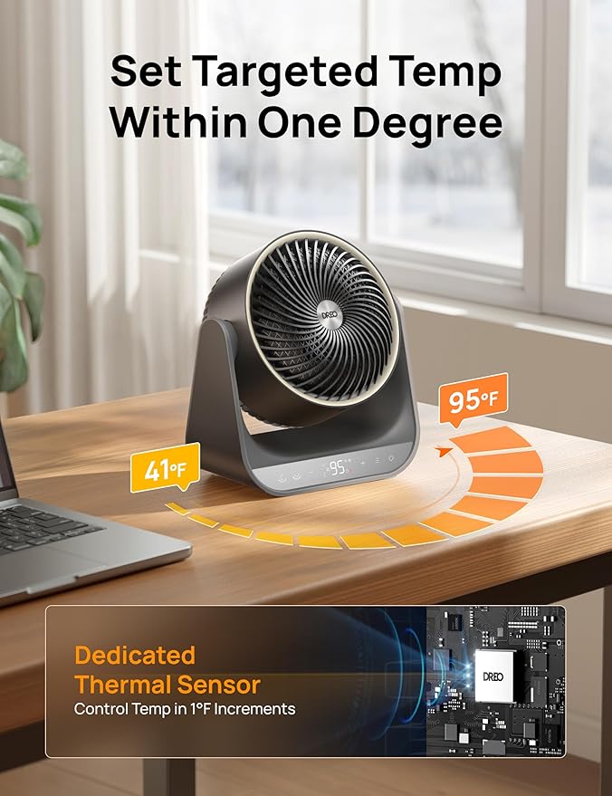 DREO 60° Vertical & 90° Horizontal 3D Oscillating Heating, 12 ft/s Long-Range Circulator, 3 Heat & 3 Fan Settings, Space Heaters for Indoor Use, Bedroom, Office, Grey