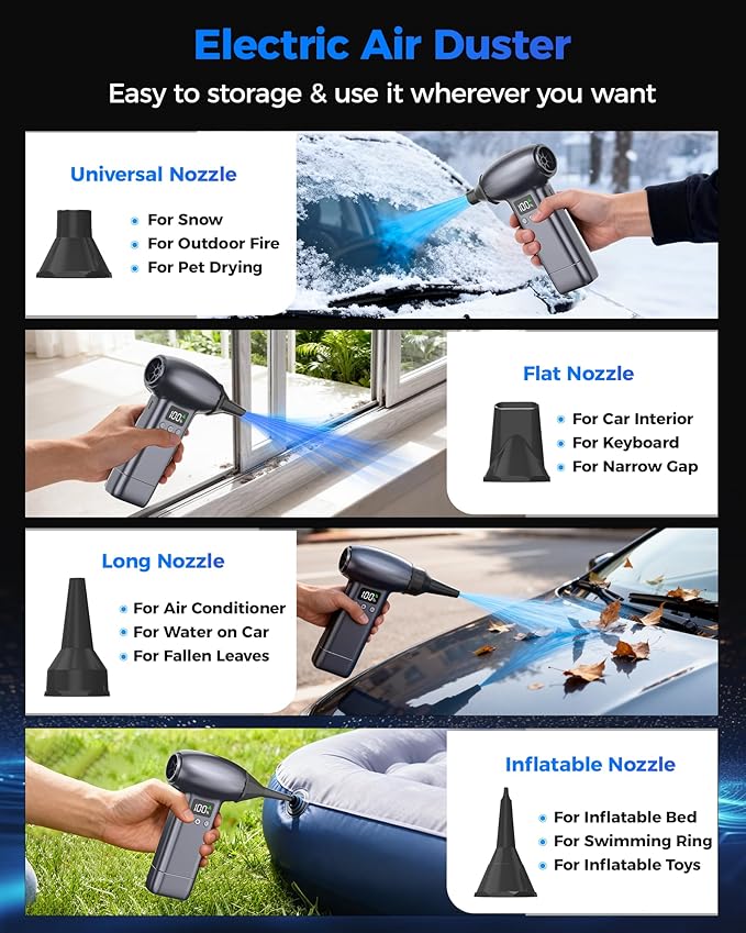 Upgraded Compressed Air Duster-300000RPM Ultra-Powerful Brushless Motor Electric Air Duster 30W Fast Charging &4 Light Modes,Rechargeable 3-Gear Adjustable Cordless Blower for PC,Keyboard,Car,Outdoor