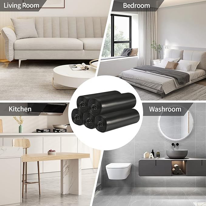 5 Rolls Small Trash Garbage Bags, 4 Gallon Strong Thin Material Disposable Kitchen Garbage Bags, Durable Plastic Trash Bags for Office Home Bedroom Garden Waste Bin, 200 Counts (Black)