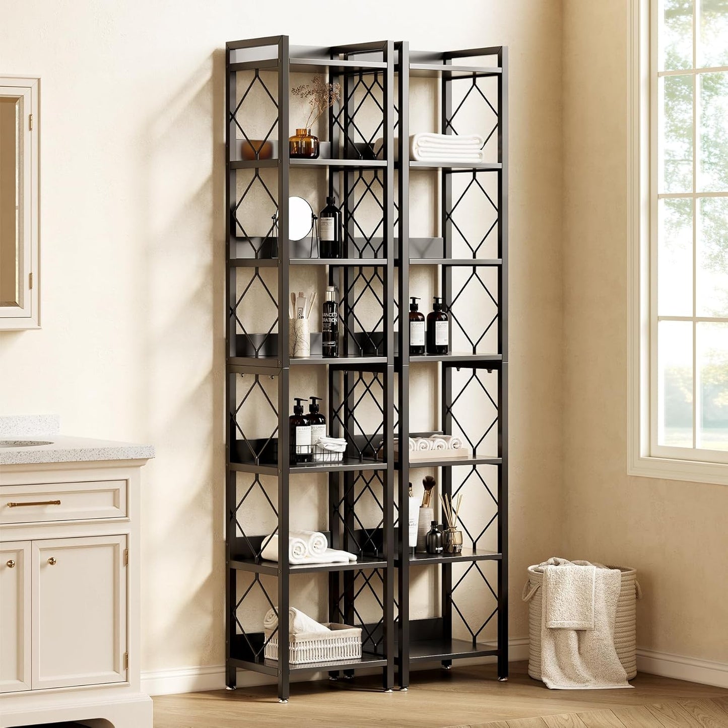 LITTLE TREE Book Shelf Set of 2, 7-Tier Tall Bookcase, Wooden Display Shelves with Metal Frame for Living Room, Modern Narrow Standing Bookshelves for Bedroom, Black Office Shelf for Small Spaces
