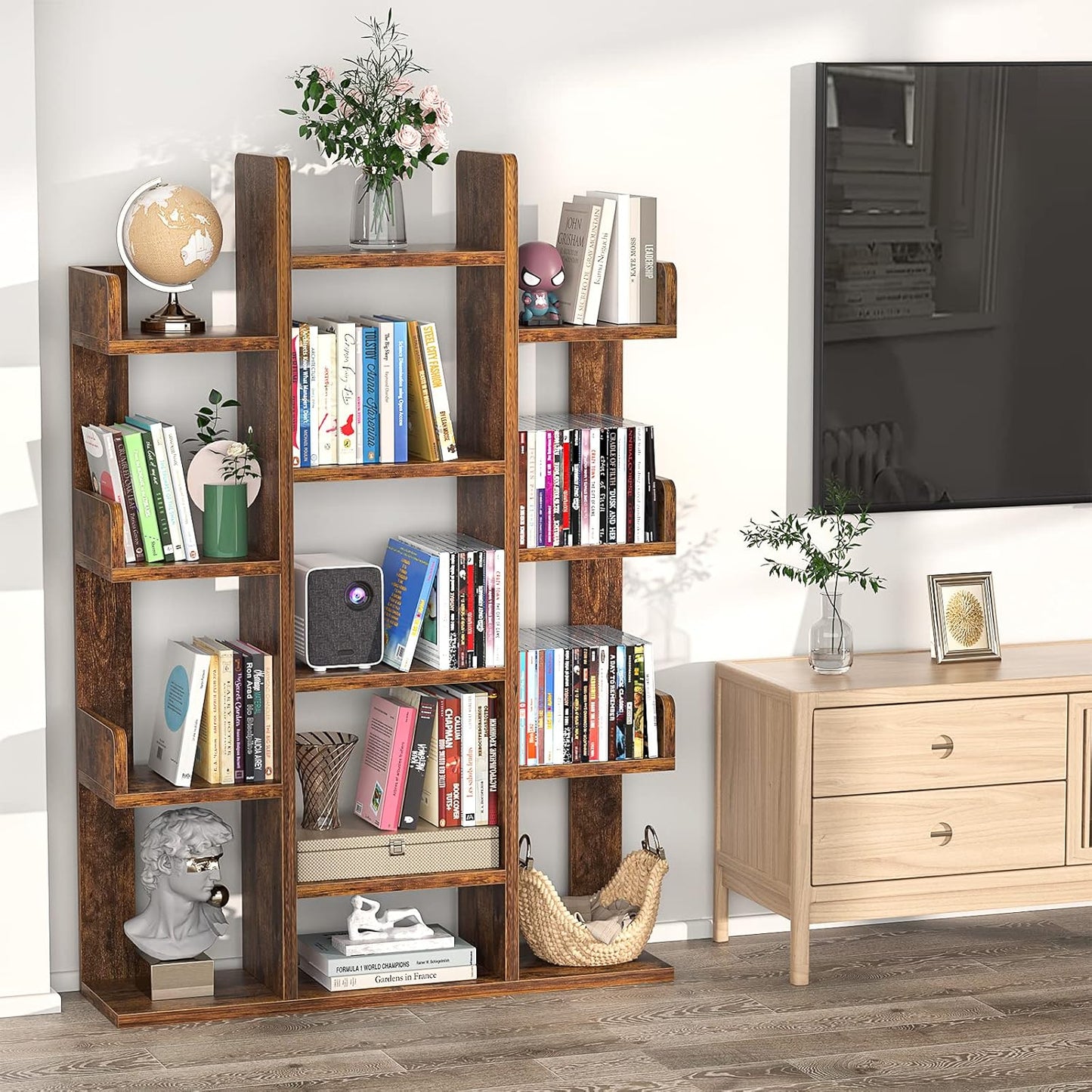 Aheaplus Bookshelf, Tree-Shaped Bookcase Storage Shelf with 13 compartments, Books Organizer Display Cube Shelves, Industrial Free Floor Standing Wood Open Bookshelves for Home