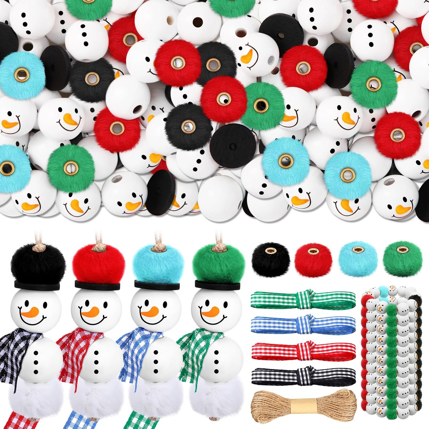 Amyhill 120 Pcs DIY Christmas Snowman Wooden Beads for Craft, Fuzzy Faux Fur Poms, Winter Wood Beads Buffalo Plaid Colorful Print with Twine, for Party Xmas Santa Tree Jewelry Home(Red Green Blue)