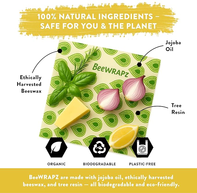 BeeWRAPZ Reusable Beeswax Wraps for Food | Eco Friendly & Organic | Eco-Friendly & Plastic-Free Food Storage | Biodegradable |Pack of 3 Beeswax Food Wraps for Wrapping Fruits & Vegetables (Green)