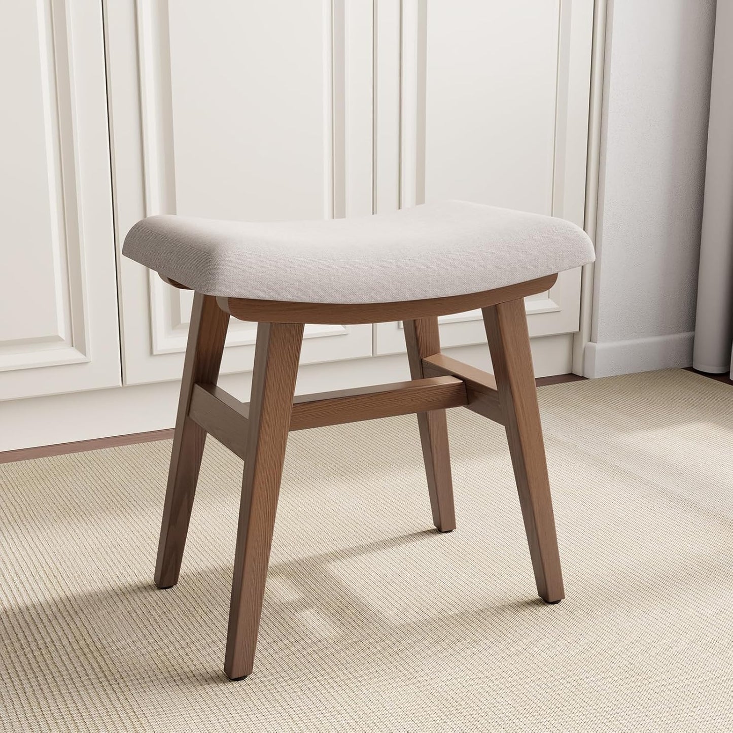 Solid Wood Small Vanity Stool, Compact Makeup Chair with Saddle Cushion, Linen-Covered High Rebound Sponge Seat, Easy Assembly Footstool for Bedroom, Entryway, Home, Walnut