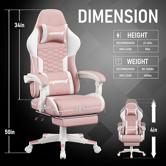 Gaming Chair, Fabric Computer Chairs with Lumbar Support and Massager, Ergonomic Office Chair with Footrest & Pocket Spring Cushion, Bearing 400 LBS（Pink）