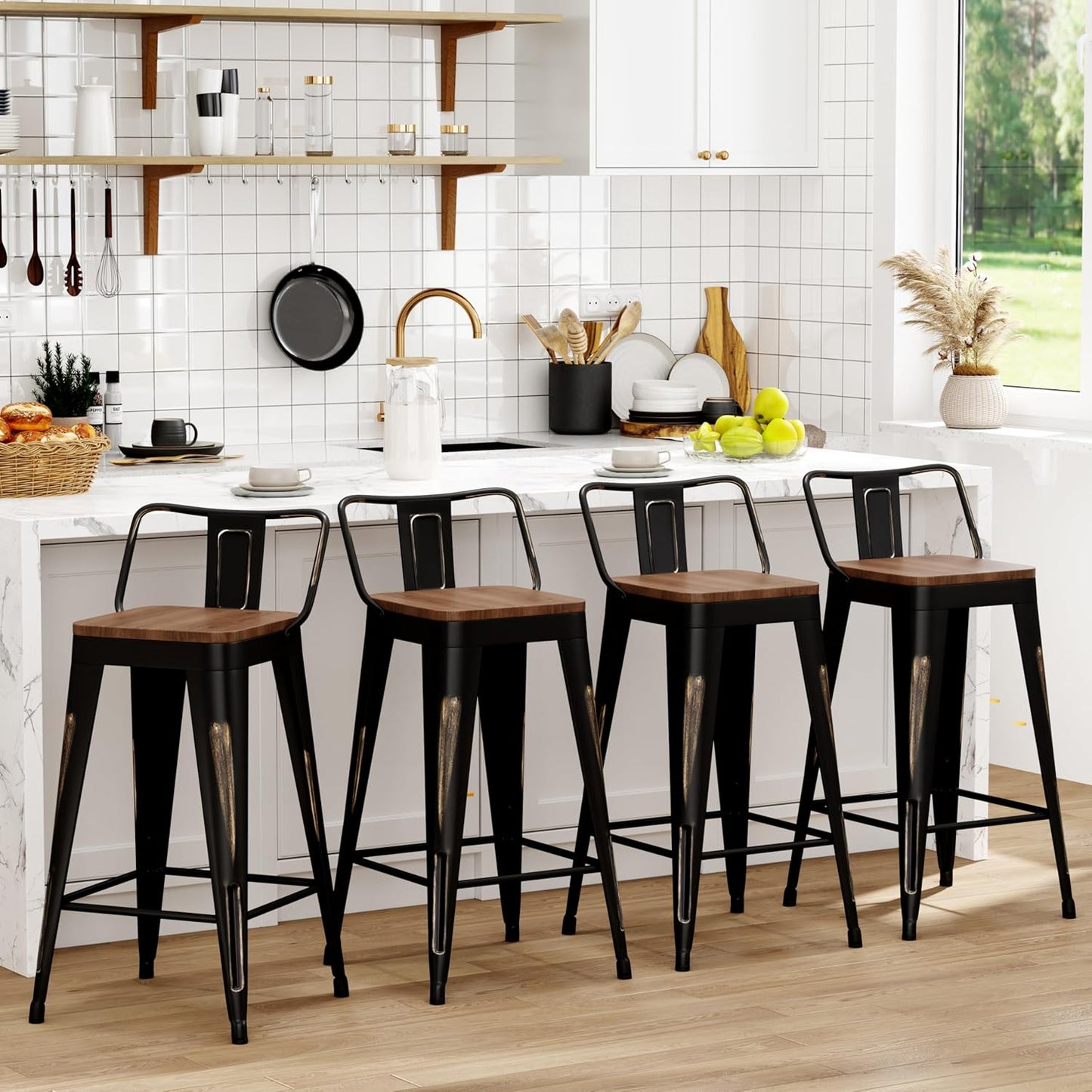 WENTMENT Bar Stools Set of 4 Counter Height Bar Stools Metal Barstools with Removable Back 26" Kitchen Bar Stools with Wooden Seat, Distressed Black