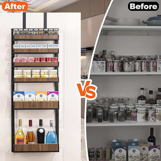 Aquzee Over the Door Pantry Organizer, 6-Tier Spice Rack Wall Mount, with Adjustable Wood Baskets, Metal Mounting/Hanging Behind the Door Organizer Storage for Kitchen, Cabinet and Closet