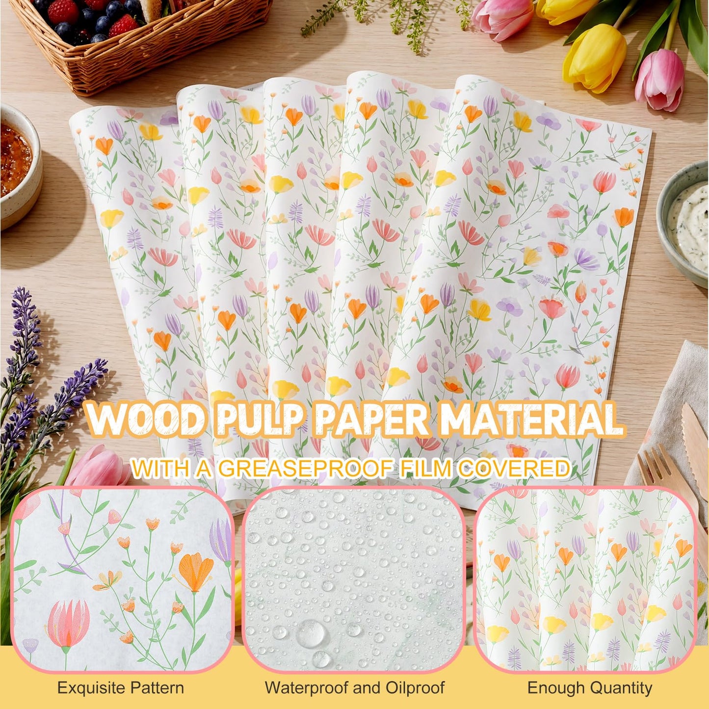 Humyoun 100 Sheet Spring Wildflower Wax Paper for Food Tissue Paper Gift Wrapping Floral DIY Baking Kitchen Package for Spring Wedding Picnic Hamburgers Sandwiches Desserts