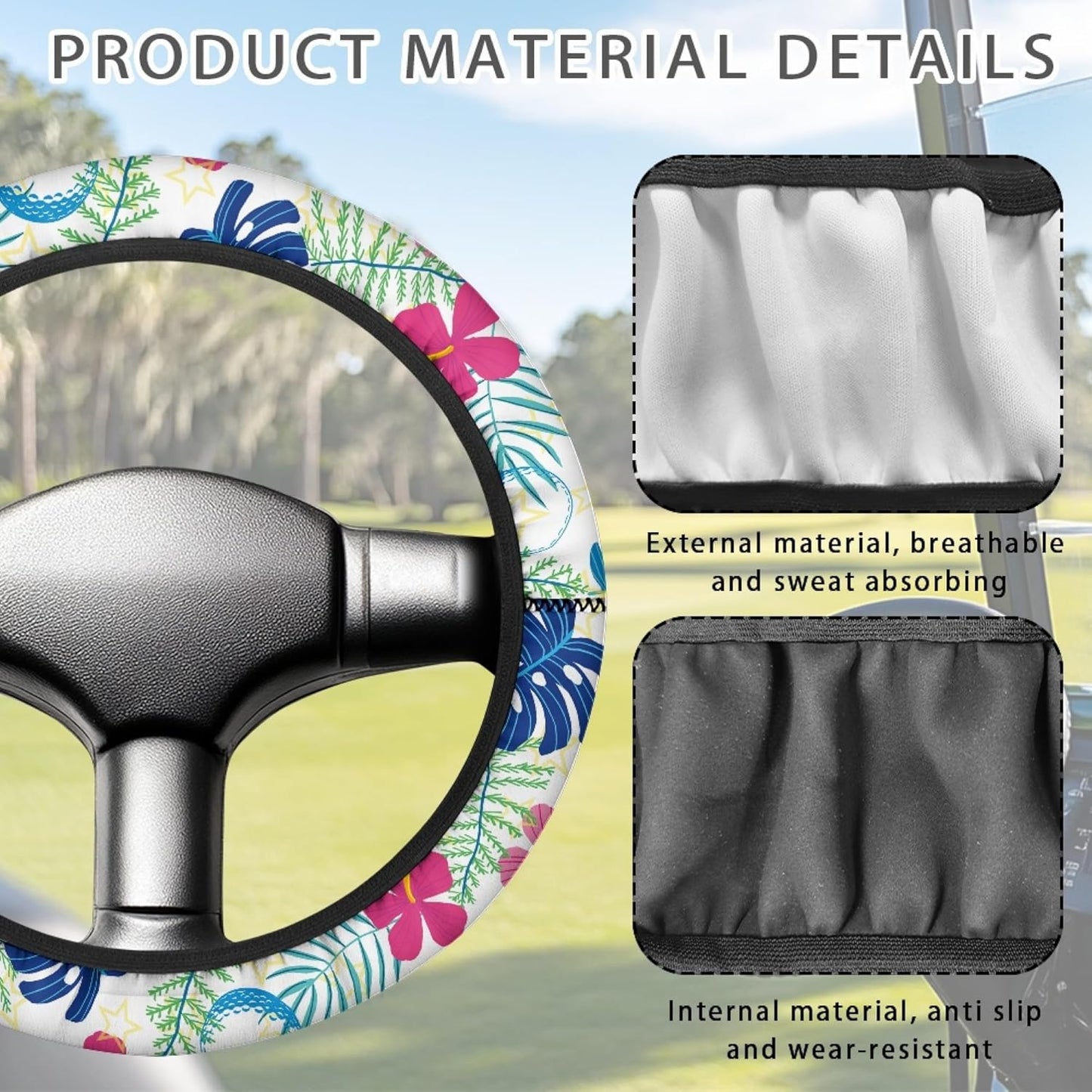 Palm Leaves Golf Cart Steering Wheel Cover 13 Inch - 14 Inch Neoprene Golf Cart Steering Wheel Covers Floral Elastic Golf Cart Accessories for Club Car Boat Steering Wheel Cover