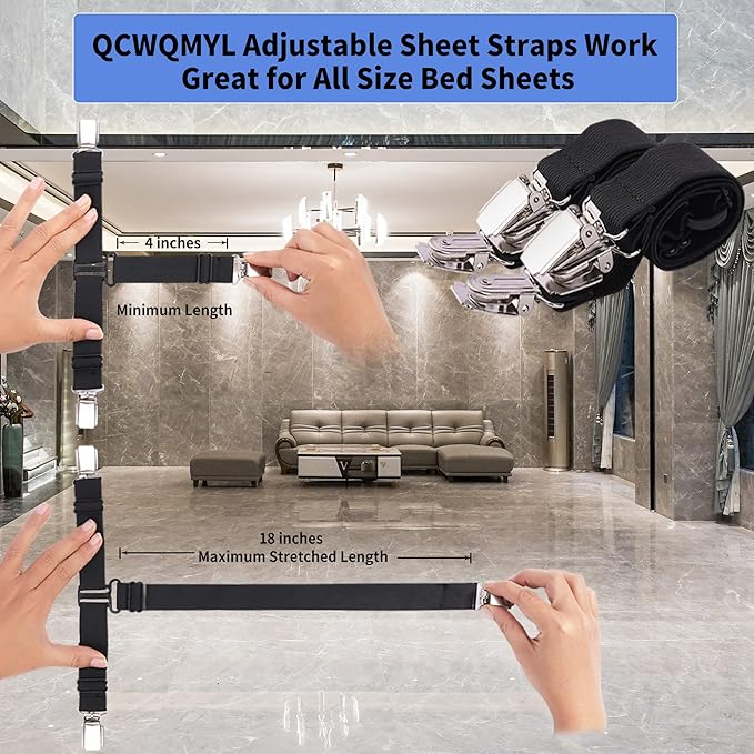 Upgrade Design Sheet Straps 4 PCS Bed Sheet Clips Adjustable Sheet Holders for Corners Fitted Sheet Clips Black