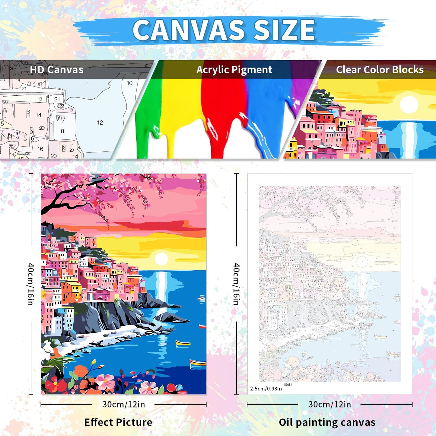6 Pack DIY Paint by Number Kit for Adults - Mediterranean Coastal Scenery Oil Painting Set, 12x16 Inch Canvas (No Frame), 18 Vivid Acrylic Paints - Stress Relief Art Craft for Home Decor & Gifts