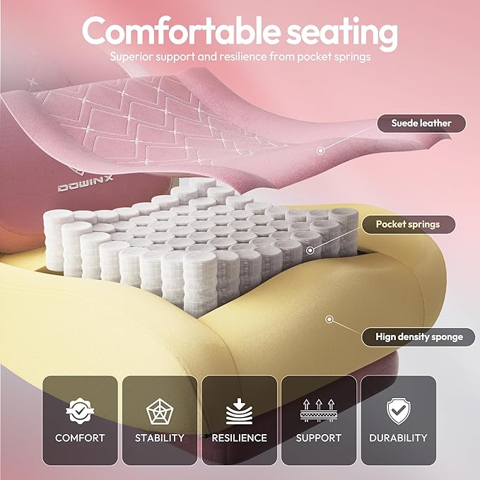 Dowinx Gaming Chair with Heated Massage Lumbar Support,Big and Tall Fabric Gaming Chairs for Adults with Footrest, Ergonomic Computer Game Chair with Poket Spring Cushions, 350lbs, Pink