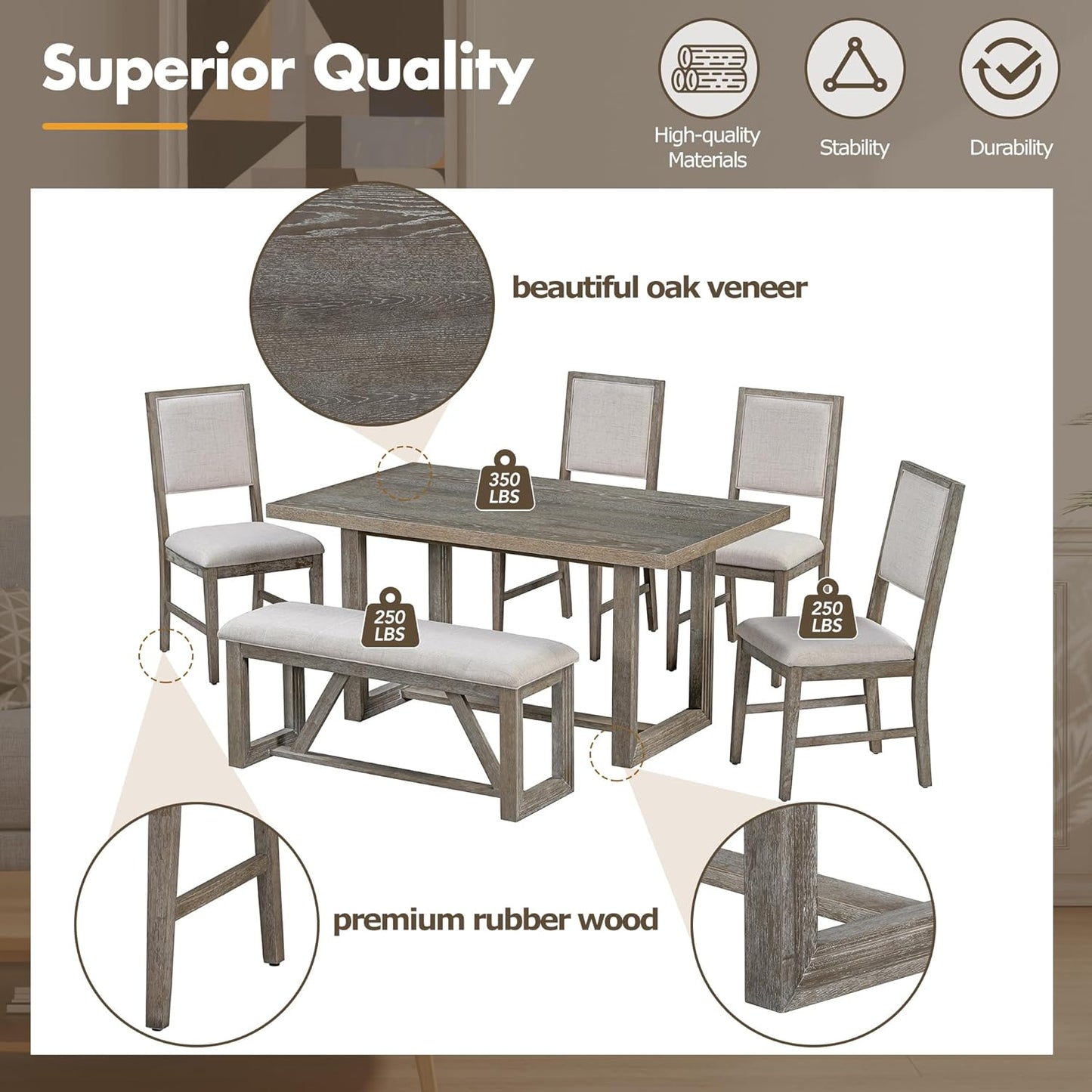 Ball & Cast 6-Piece Dining Table Set for 6 People, 60" Wood Dining Kitchen Table & Chairs Set, Dining Room Table with Upholstered Chairs and 1 Bench, Perfect for Dining Room, Kitchen, Gray