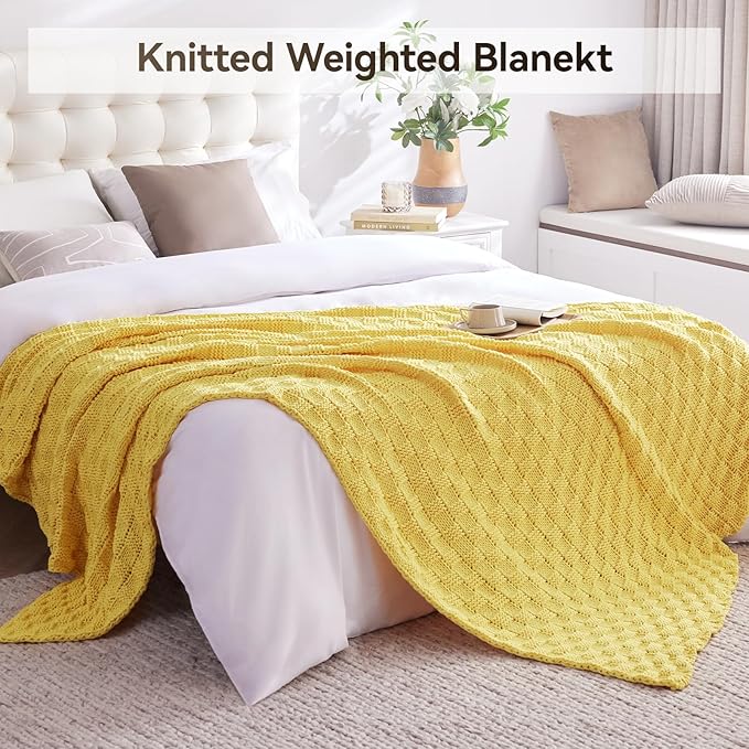 Knitted Weighted Blanket for Adult, No Beads Heavy Blanket 50” x 60'' 7lbs, Breathable Chunky Knit Blanket, Cooling Weighted Blanket for Hot Sleepers, Christmas Home Decor (Yellow)