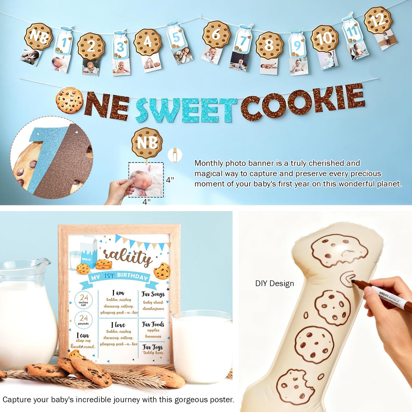Costova Milk and Cookies 1st Birthday Decorations, 106 PCs One Sweet Cookie Birthday Supplies with Backdrop, Balloon Garland, Cake Topper, Hat for One Year Old Boy Party