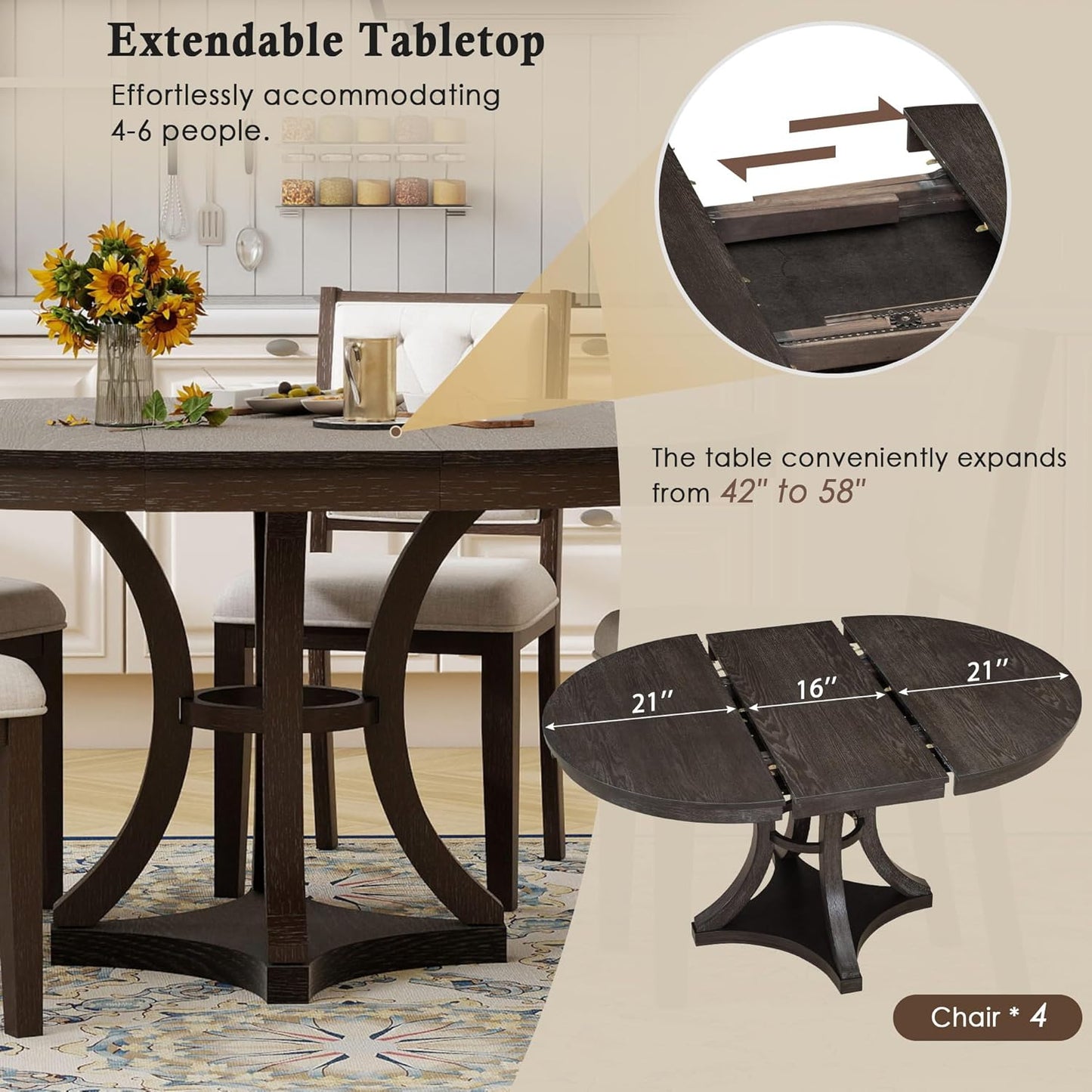Ball & Cast Retro Dining Table Set for 4 with 4 Upholstered Chairs,5-Piece Wooden Living Room Furniture W/ 42" Round Extendable Kitchen Desk,for Small Space,Apartment,Dining Room,Espresso